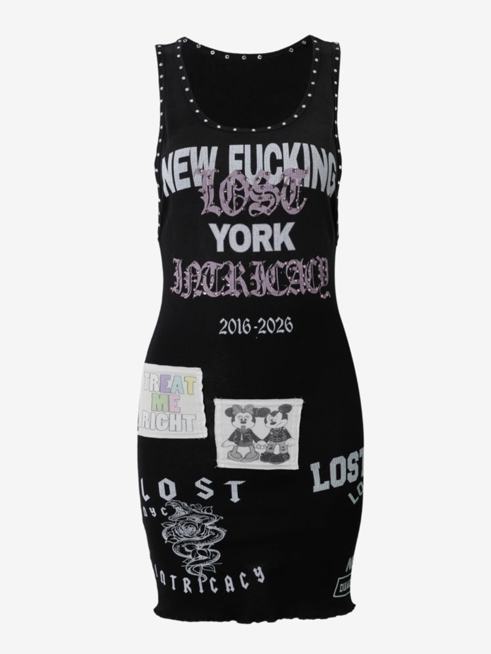 Black Graphic Patch Mini Dress with Studded Neckline